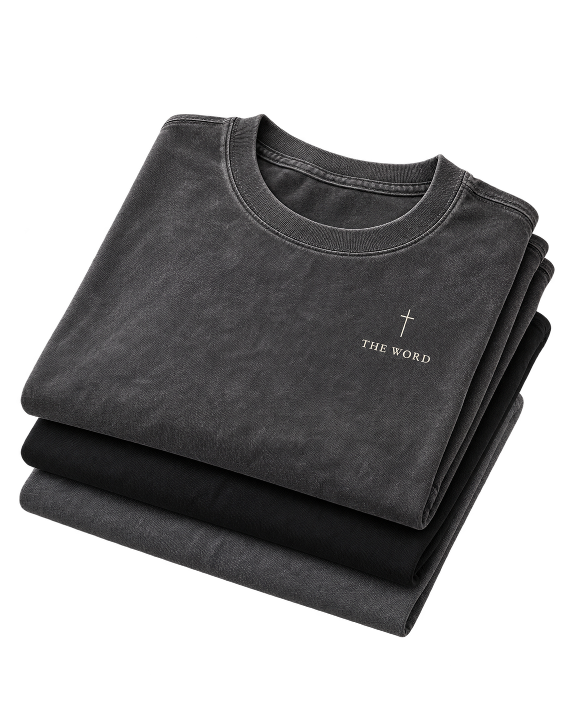 Three stacked shirts with The Word cross design on the top shirt