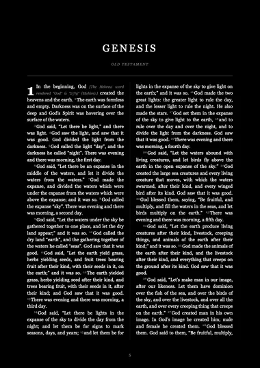 Monochrome Bible PDF page: Genesis 1 in white text on a black page