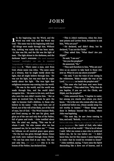 Monochrome Bible PDF page: John 1 in white text on a black page