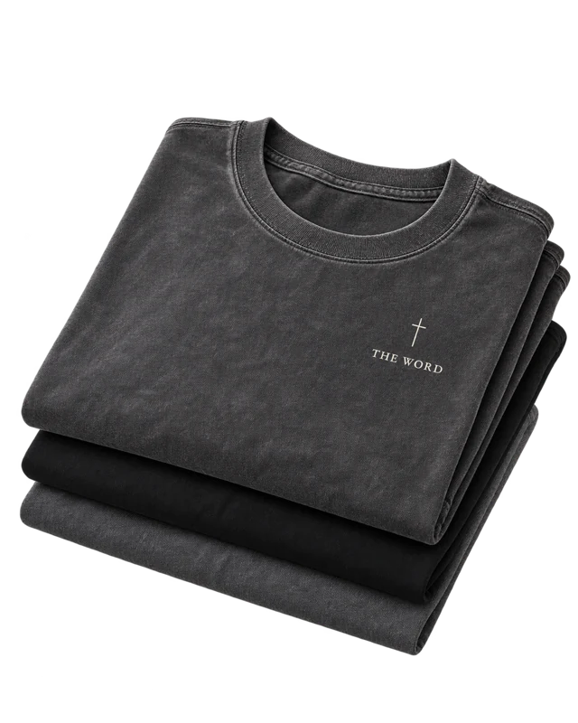 Three stacked shirts with The Word cross design