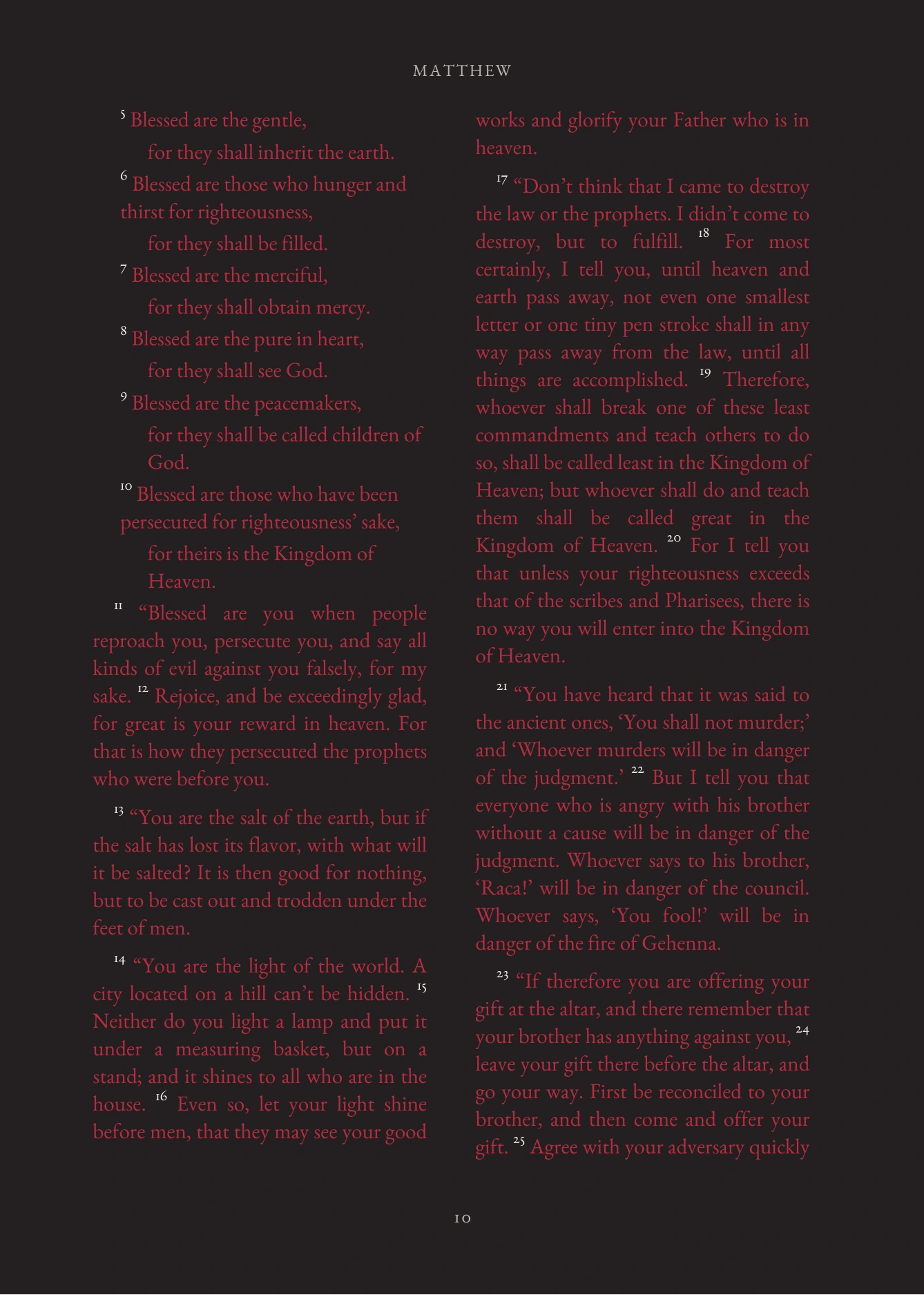 Actual Black Edition page 10 showing red-letter teaching in the two-column black-page layout