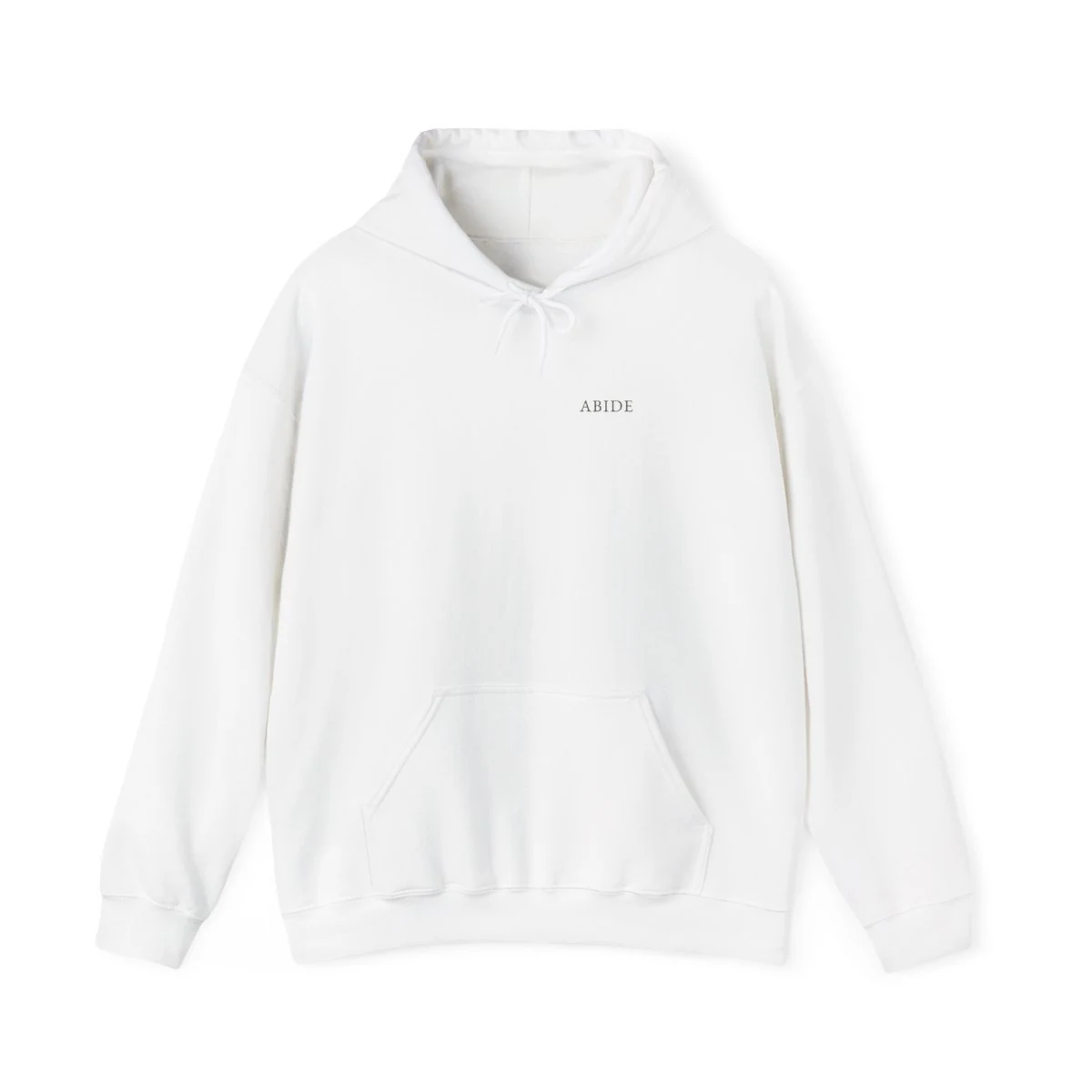 Abide unisex hoodie in white, with “Abide” lettering on the chest