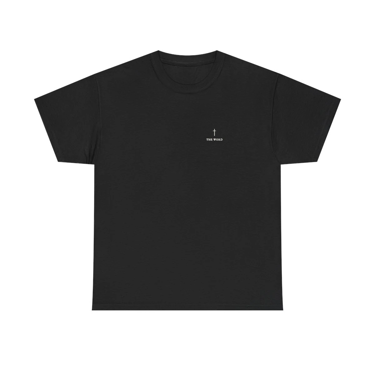 The Word unisex heavy cotton tee in black, with a small cross and “The Word” on the chest