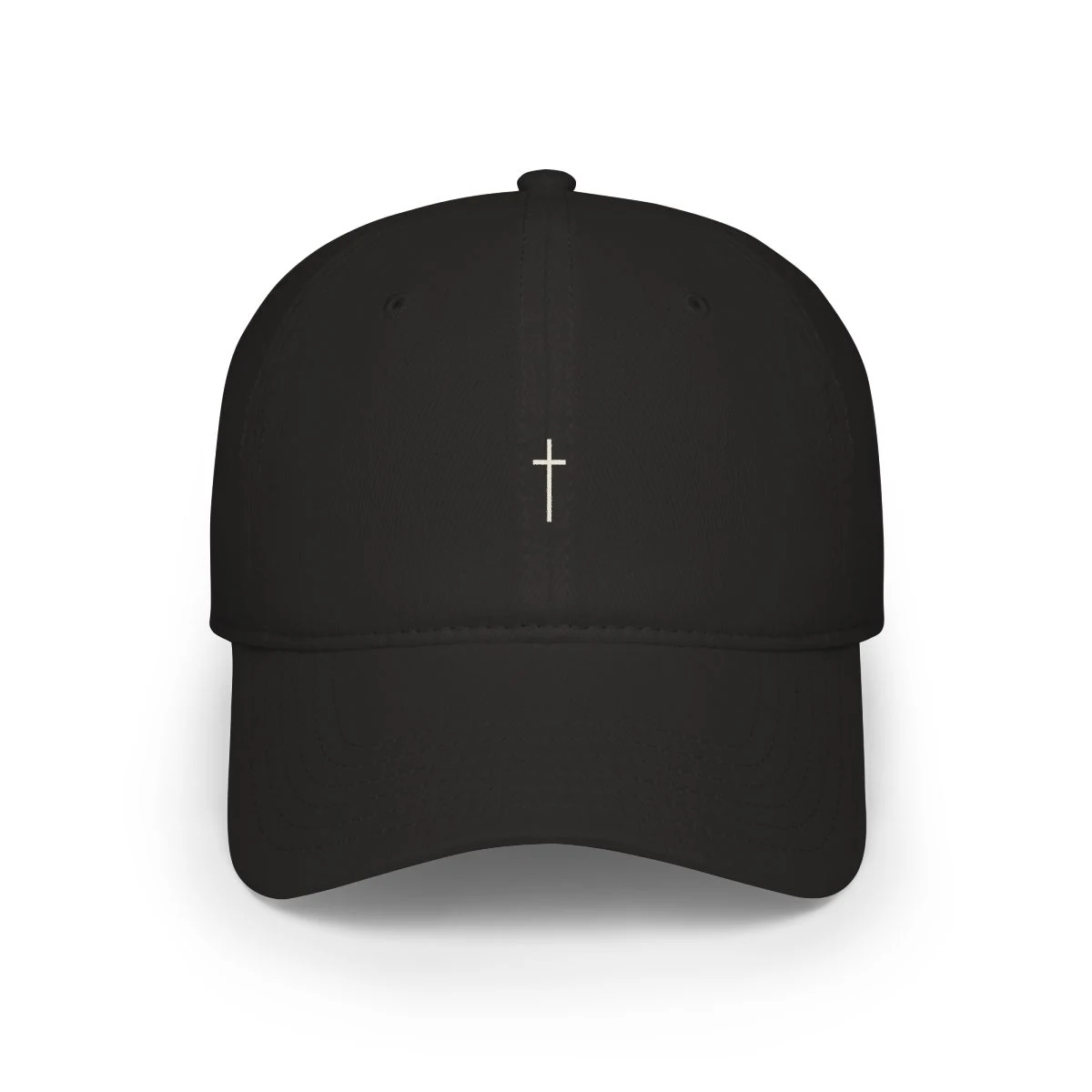 The Word low profile baseball cap in black, with a single cross on the front