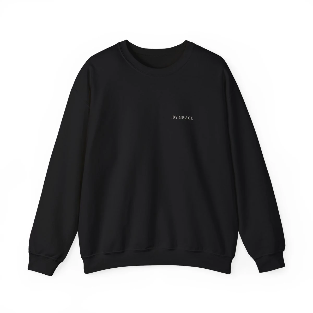 By Grace unisex crewneck in black, with “By Grace” lettering on the chest