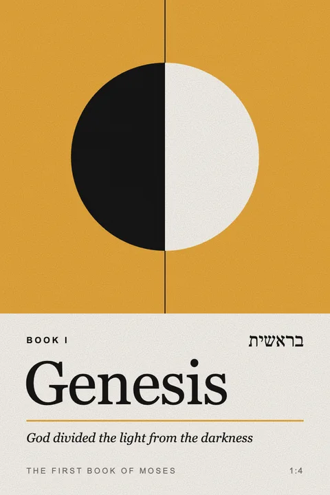 Genesis cover: A circle split into light and dark, the first act of separation in creation.